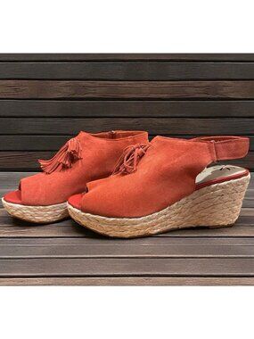 Red Suede Tassel Slingback Wedge Sandals Espadrille 8W Isaac Mizrahi Live